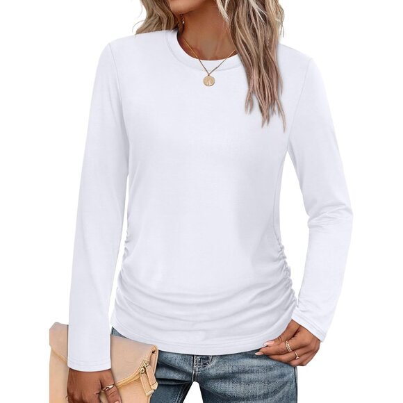 Tops - Long Sleeve Ladies Shirt Ruched Crew Neck Breathable Lightweight Casual